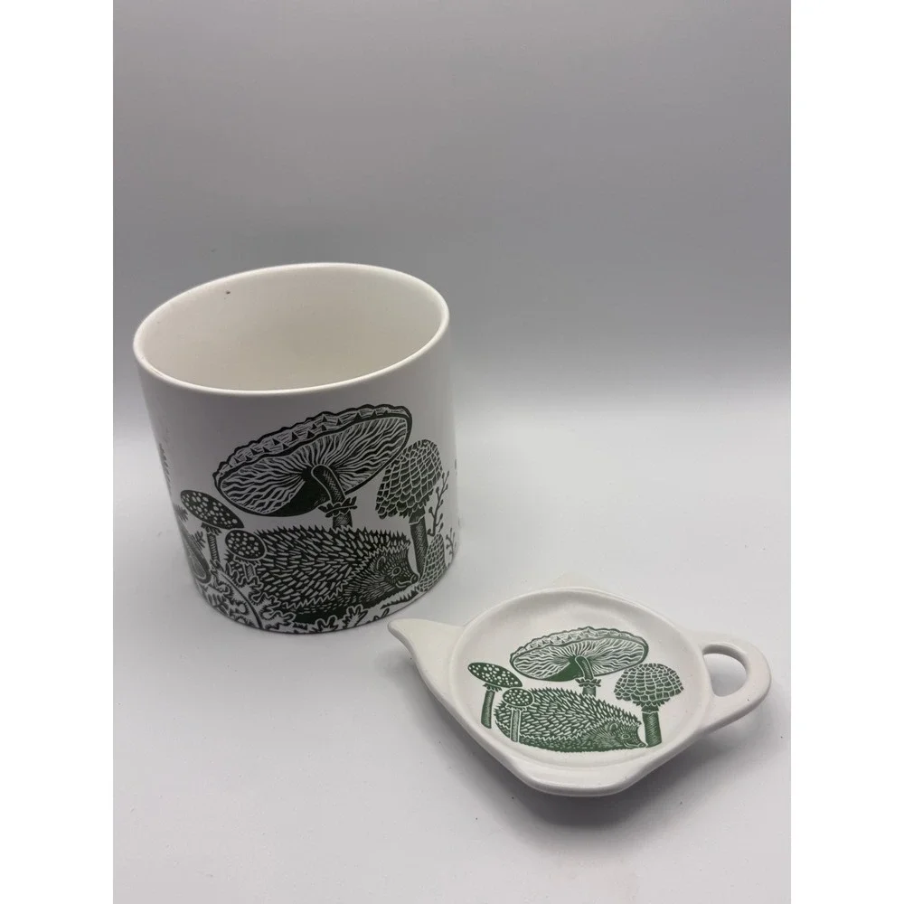 Kate Heiss Hedgehog Mushroom Ceramic Planter and Teapot Tea Bag Rest Set
